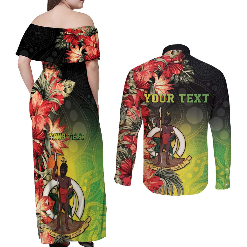 Aboriginal Dot Art Vanuatu Personalised Couples Matching Off Shoulder Maxi Dress and Long Sleeve Button Shirt Tropical Flowers LT05 - Polynesian Pride