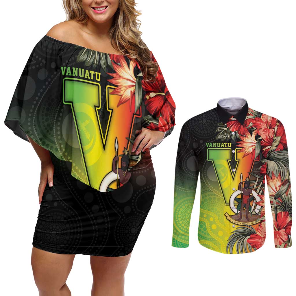 Aboriginal Dot Art Vanuatu Personalised Couples Matching Off Shoulder Short Dress and Long Sleeve Button Shirt Tropical Flowers LT05 Reggae - Polynesian Pride