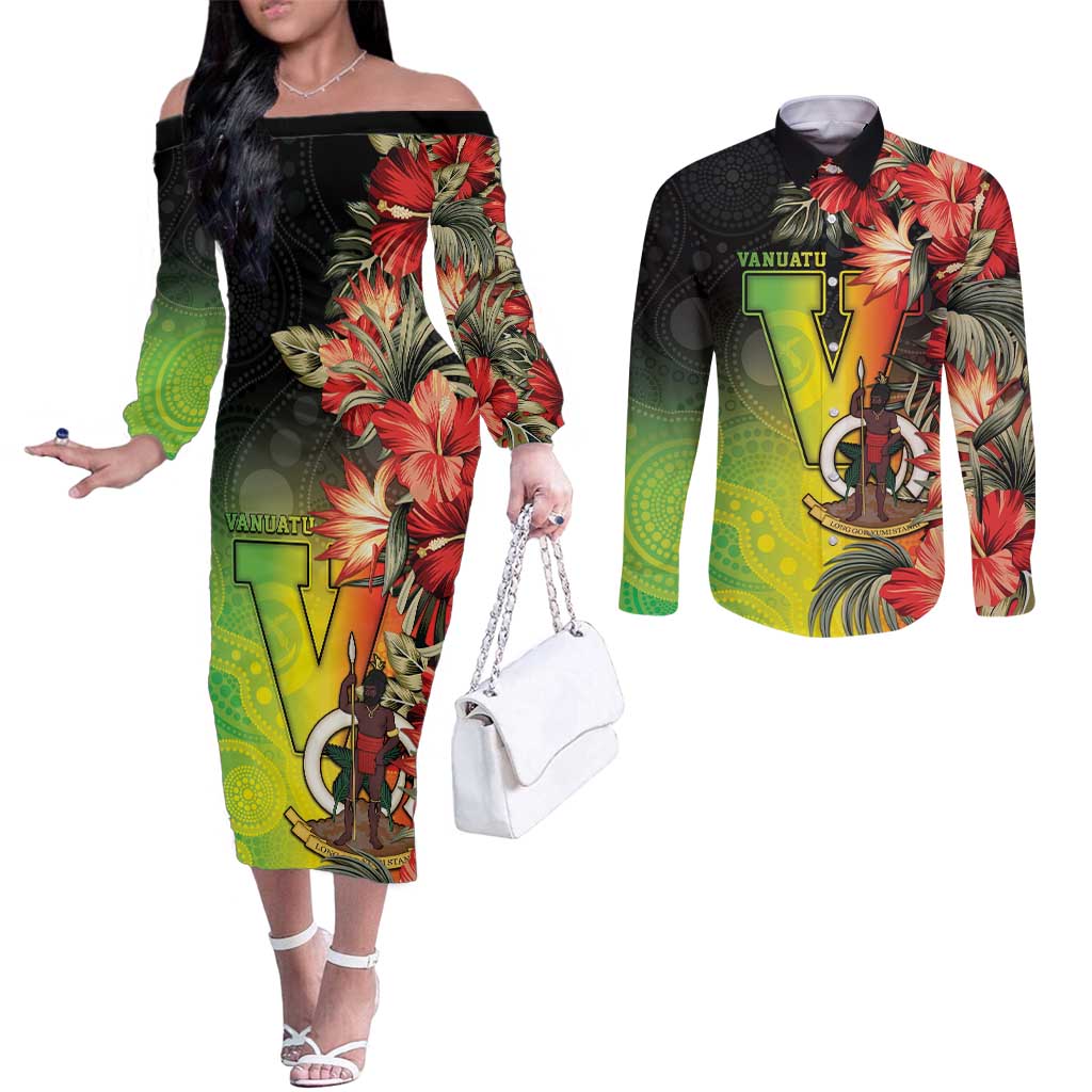 Aboriginal Dot Art Vanuatu Personalised Couples Matching Off The Shoulder Long Sleeve Dress and Long Sleeve Button Shirt Tropical Flowers LT05 Reggae - Polynesian Pride