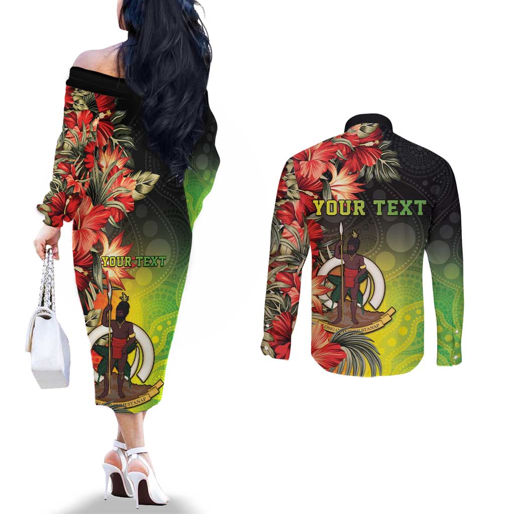 Aboriginal Dot Art Vanuatu Personalised Couples Matching Off The Shoulder Long Sleeve Dress and Long Sleeve Button Shirt Tropical Flowers LT05 - Polynesian Pride