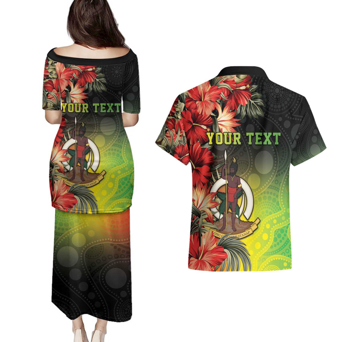 Aboriginal Dot Art Vanuatu Personalised Couples Matching Puletasi and Hawaiian Shirt Tropical Flowers