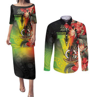 Aboriginal Dot Art Vanuatu Personalised Couples Matching Puletasi and Long Sleeve Button Shirt Tropical Flowers LT05 Reggae - Polynesian Pride