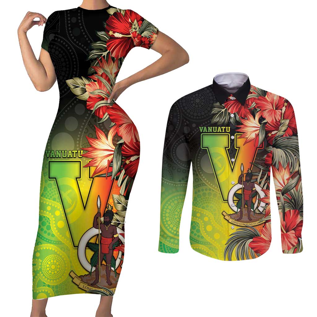 Aboriginal Dot Art Vanuatu Personalised Couples Matching Short Sleeve Bodycon Dress and Long Sleeve Button Shirt Tropical Flowers LT05 Reggae - Polynesian Pride