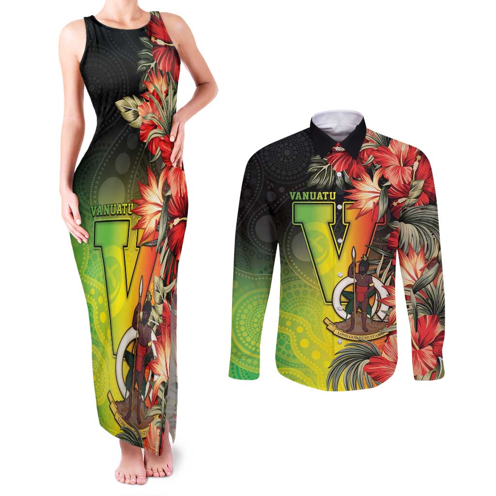 Aboriginal Dot Art Vanuatu Personalised Couples Matching Tank Maxi Dress and Long Sleeve Button Shirt Tropical Flowers LT05 Reggae - Polynesian Pride