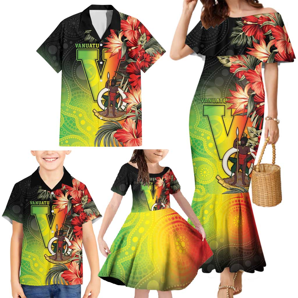 Aboriginal Dot Art Vanuatu Personalised Family Matching Mermaid Dress and Hawaiian Shirt Tropical Flowers