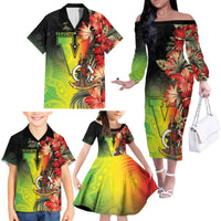 Aboriginal Dot Art Vanuatu Personalised Family Matching Off The Shoulder Long Sleeve Dress and Hawaiian Shirt Tropical Flowers