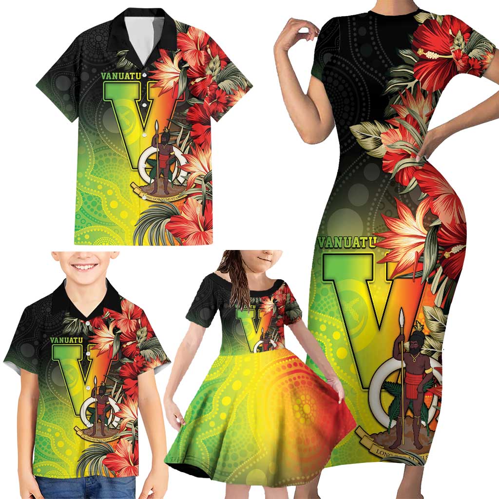 Aboriginal Dot Art Vanuatu Personalised Family Matching Short Sleeve Bodycon Dress and Hawaiian Shirt Tropical Flowers