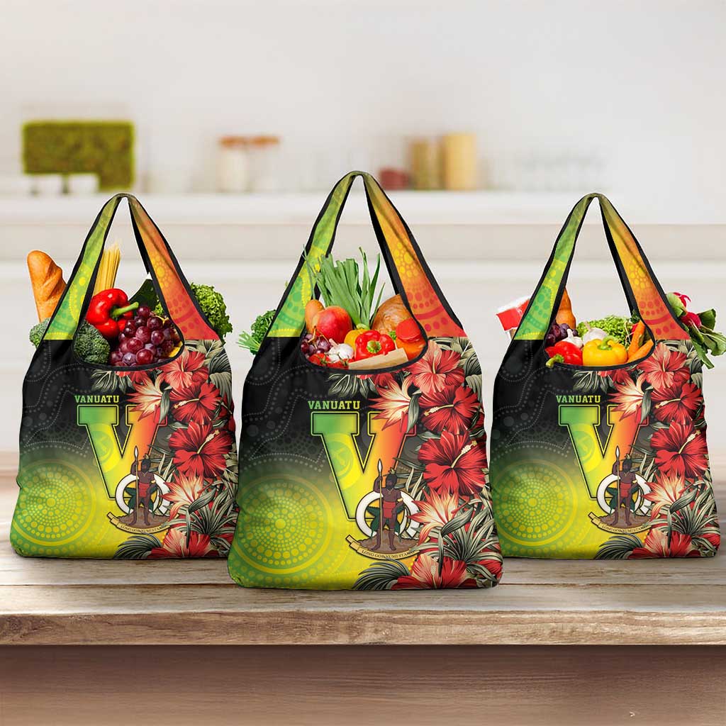 Aboriginal Dot Art Vanuatu Grocery Bag Tropical Flowers