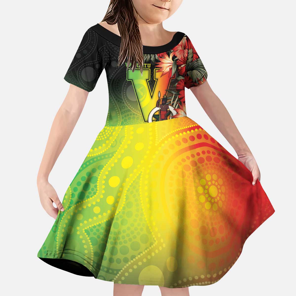 Aboriginal Dot Art Vanuatu Personalised Kid Short Sleeve Dress Tropical Flowers LT05 KID Reggae - Polynesian Pride