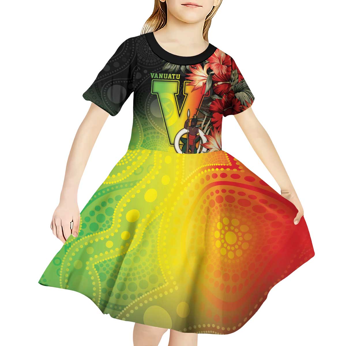 Aboriginal Dot Art Vanuatu Personalised Kid Short Sleeve Dress Tropical Flowers LT05 - Polynesian Pride