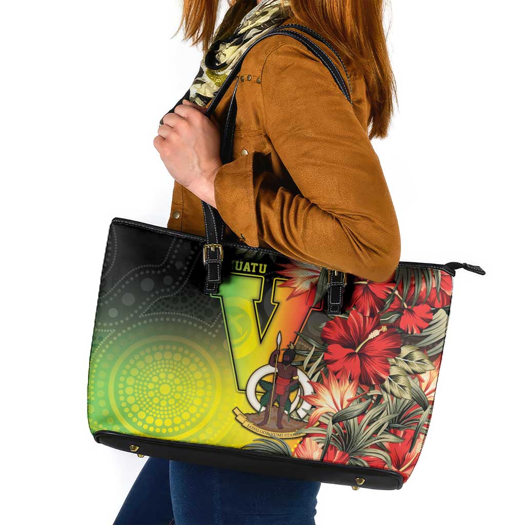 Aboriginal Dot Art Vanuatu Leather Tote Bag Tropical Flowers