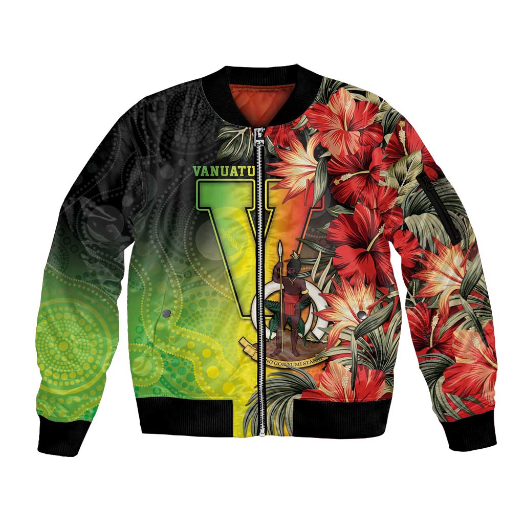 Aboriginal Dot Art Vanuatu Personalised Sleeve Zip Bomber Jacket Tropical Flowers