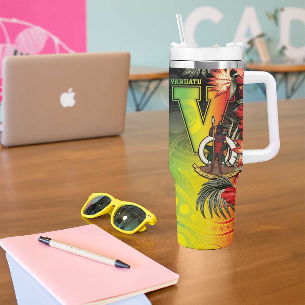 Aboriginal Dot Art Vanuatu Personalised Tumbler With Handle Tropical Flowers