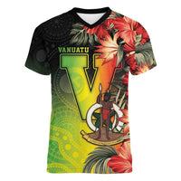 Aboriginal Dot Art Vanuatu Personalised Women V-Neck T-Shirt Tropical Flowers LT05 Female Reggae - Polynesian Pride