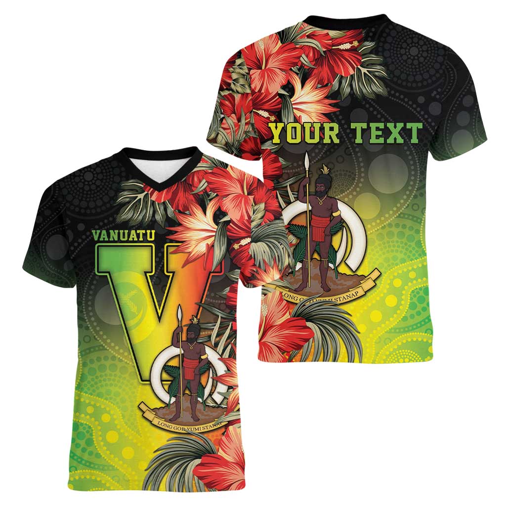 Aboriginal Dot Art Vanuatu Personalised Women V-Neck T-Shirt Tropical Flowers LT05 - Polynesian Pride