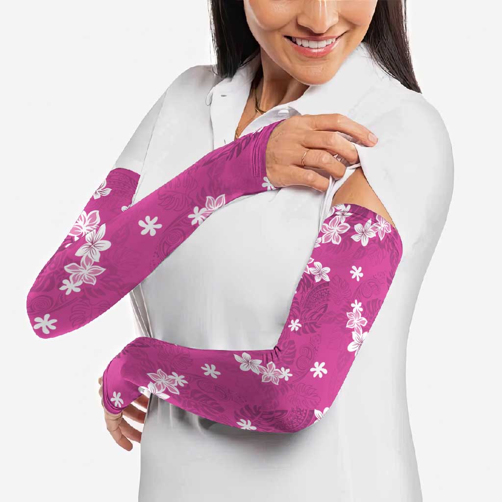Hawaii Monstera Deliciosa Arm Sleeves Pink Plumeria Polynesian Pattern - Polynesian Pride