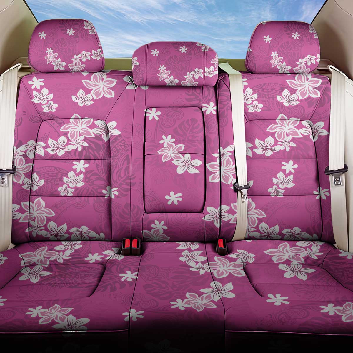 Hawaii Monstera Deliciosa Back Car Seat Cover Pink Plumeria Polynesian Pattern - Polynesian Pride