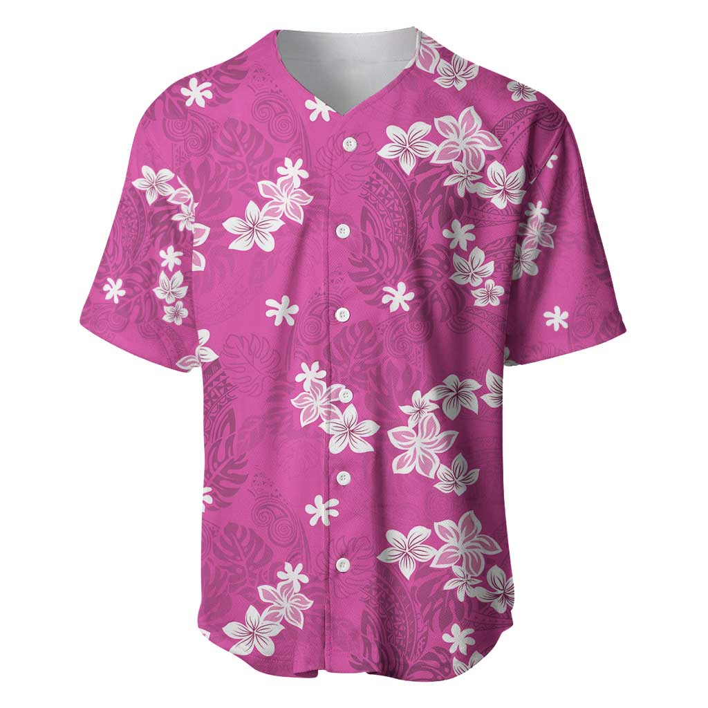 Hawaii Monstera Deliciosa Baseball Jersey Pink Plumeria Polynesian Pattern - Polynesian Pride