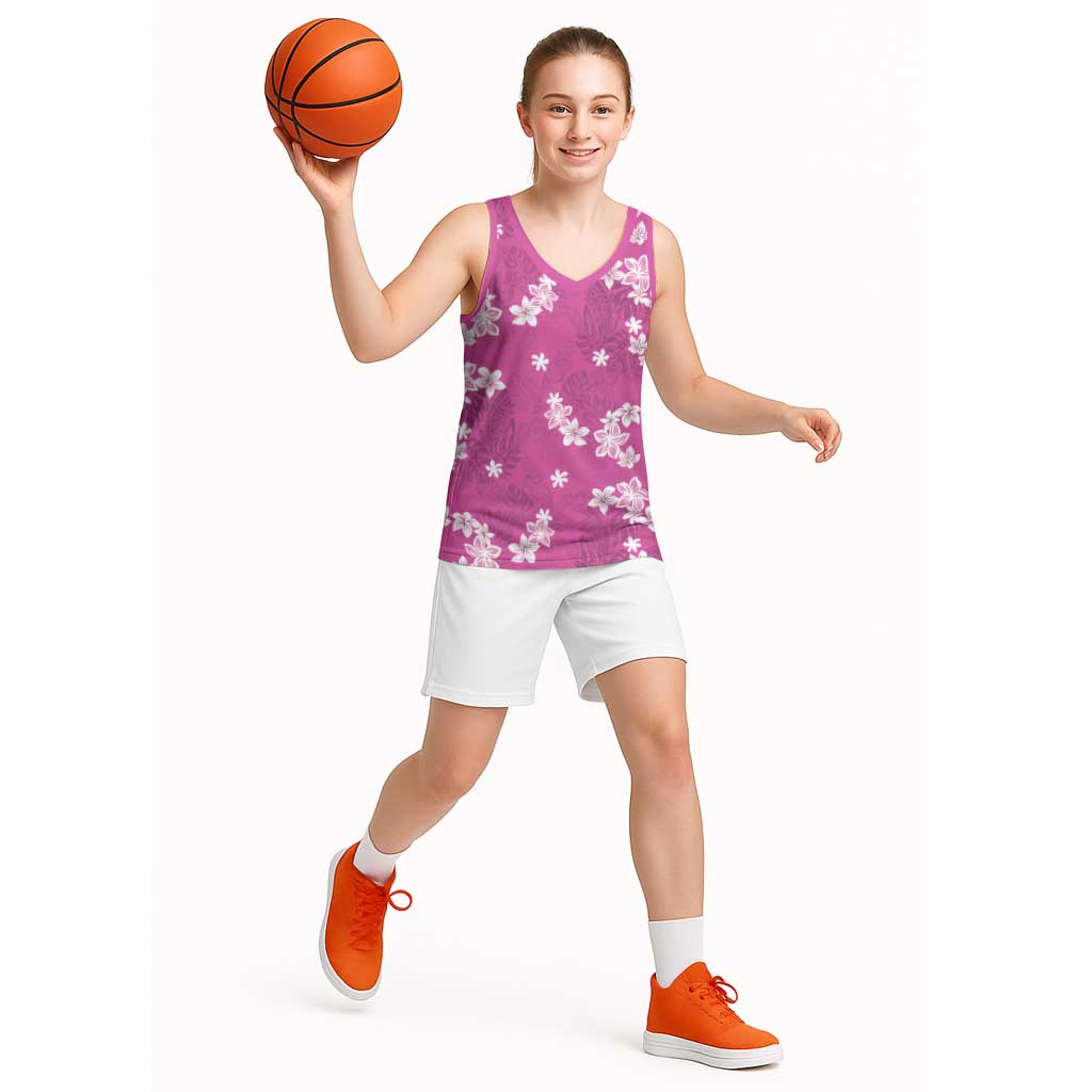 Hawaii Monstera Deliciosa Basketball Jersey Pink Plumeria Polynesian Pattern - Polynesian Pride