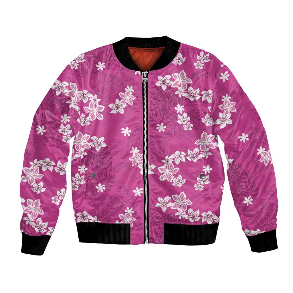 Hawaii Monstera Deliciosa Bomber Jacket Pink Plumeria Polynesian Pattern - Polynesian Pride