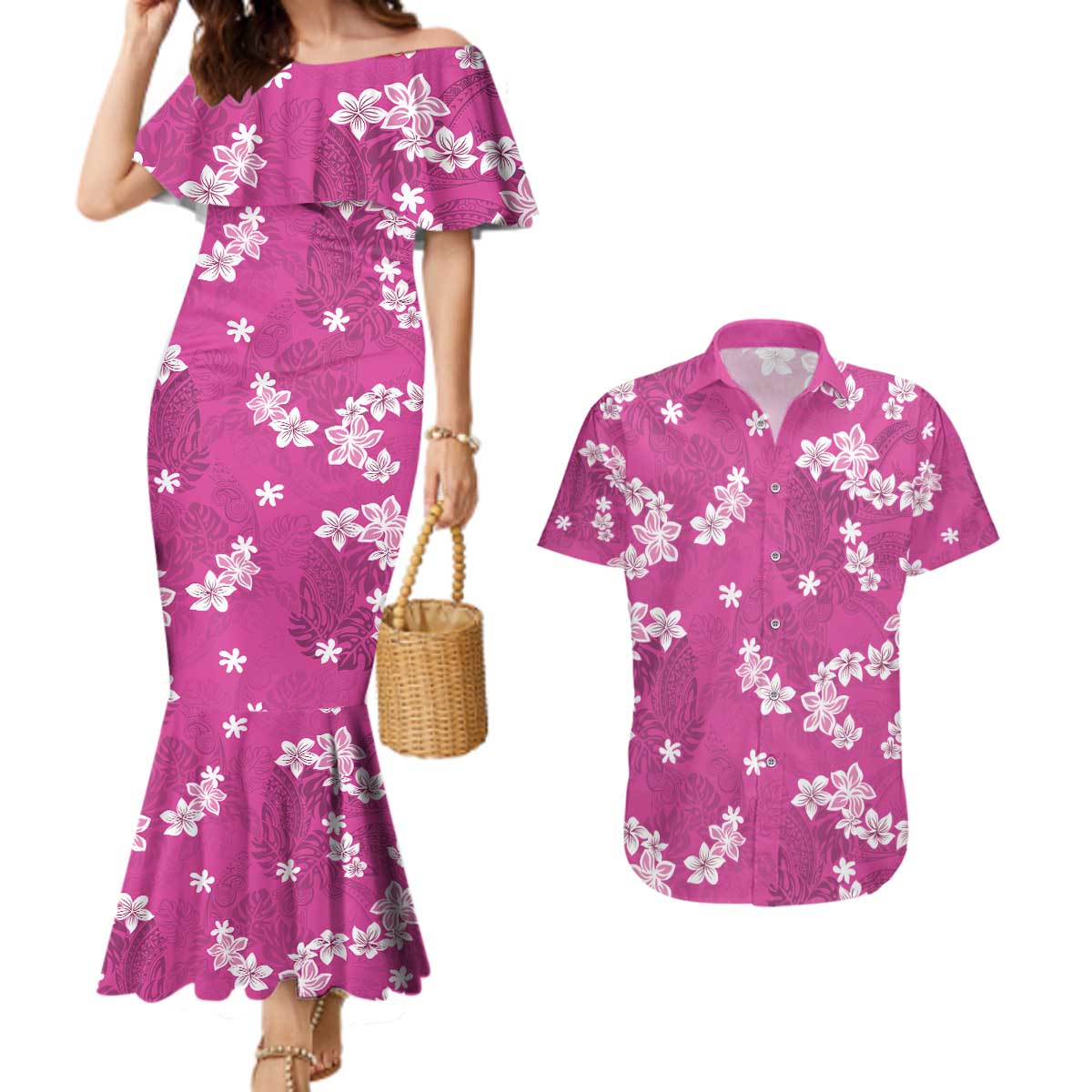 Hawaii Monstera Deliciosa Couples Matching Mermaid Dress and Hawaiian Shirt Pink Plumeria Polynesian Pattern - Polynesian Pride