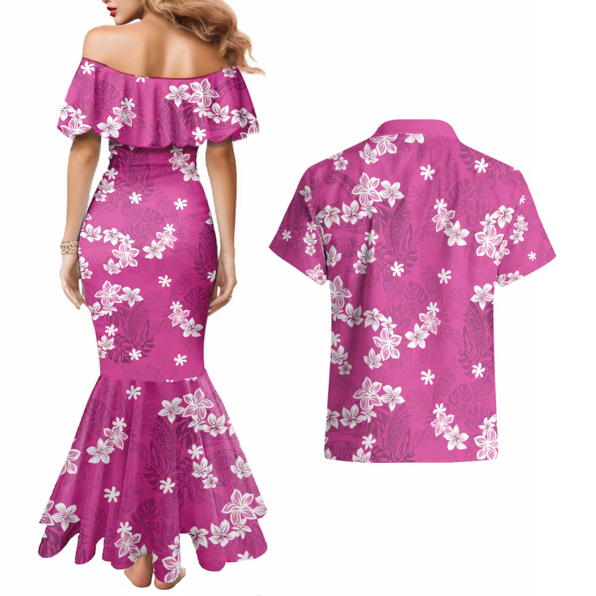 Hawaii Monstera Deliciosa Couples Matching Mermaid Dress and Hawaiian Shirt Pink Plumeria Polynesian Pattern - Polynesian Pride