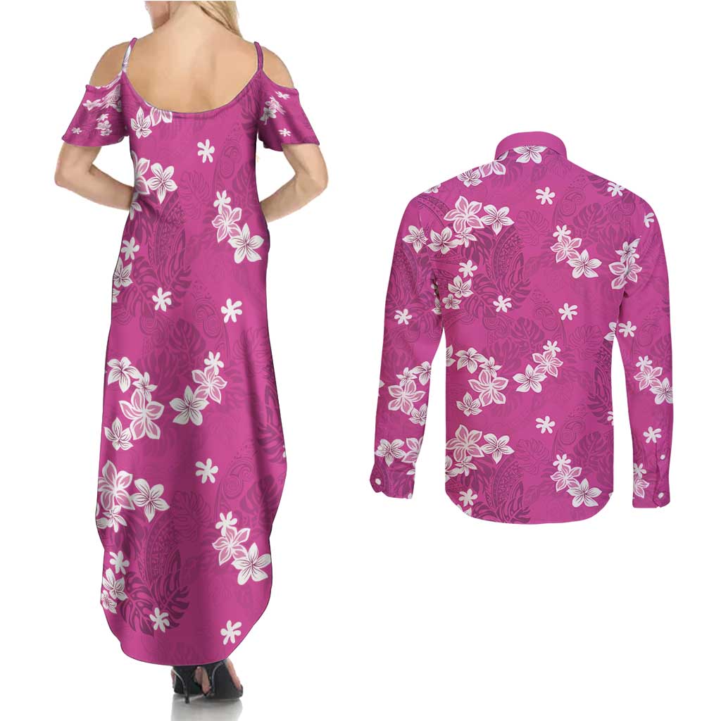 Hawaii Monstera Deliciosa Couples Matching Summer Maxi Dress and Long Sleeve Button Shirt Pink Plumeria Polynesian Pattern - Polynesian Pride