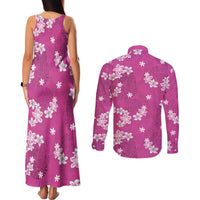 Hawaii Monstera Deliciosa Couples Matching Tank Maxi Dress and Long Sleeve Button Shirt Pink Plumeria Polynesian Pattern - Polynesian Pride