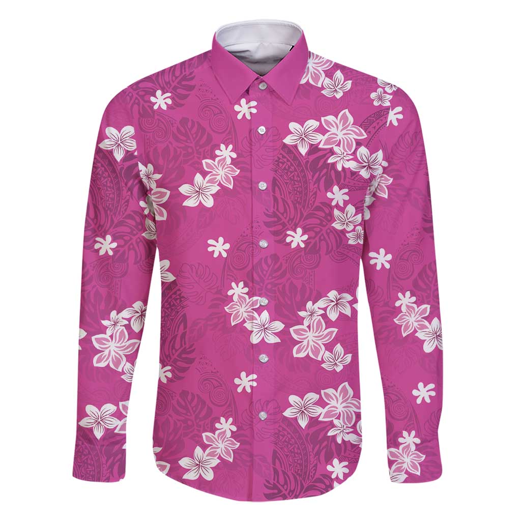 Hawaii Monstera Deliciosa Family Matching Long Sleeve Bodycon Dress and Hawaiian Shirt Pink Plumeria Polynesian Pattern - Polynesian Pride