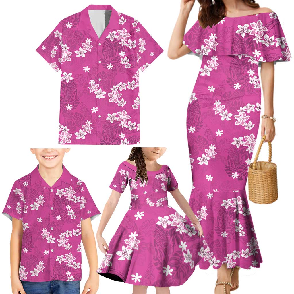Hawaii Monstera Deliciosa Family Matching Mermaid Dress and Hawaiian Shirt Pink Plumeria Polynesian Pattern - Polynesian Pride