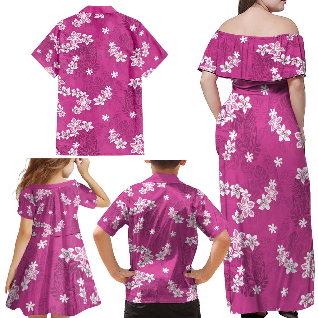 Hawaii Monstera Deliciosa Family Matching Off Shoulder Maxi Dress and Hawaiian Shirt Pink Plumeria Polynesian Pattern - Polynesian Pride