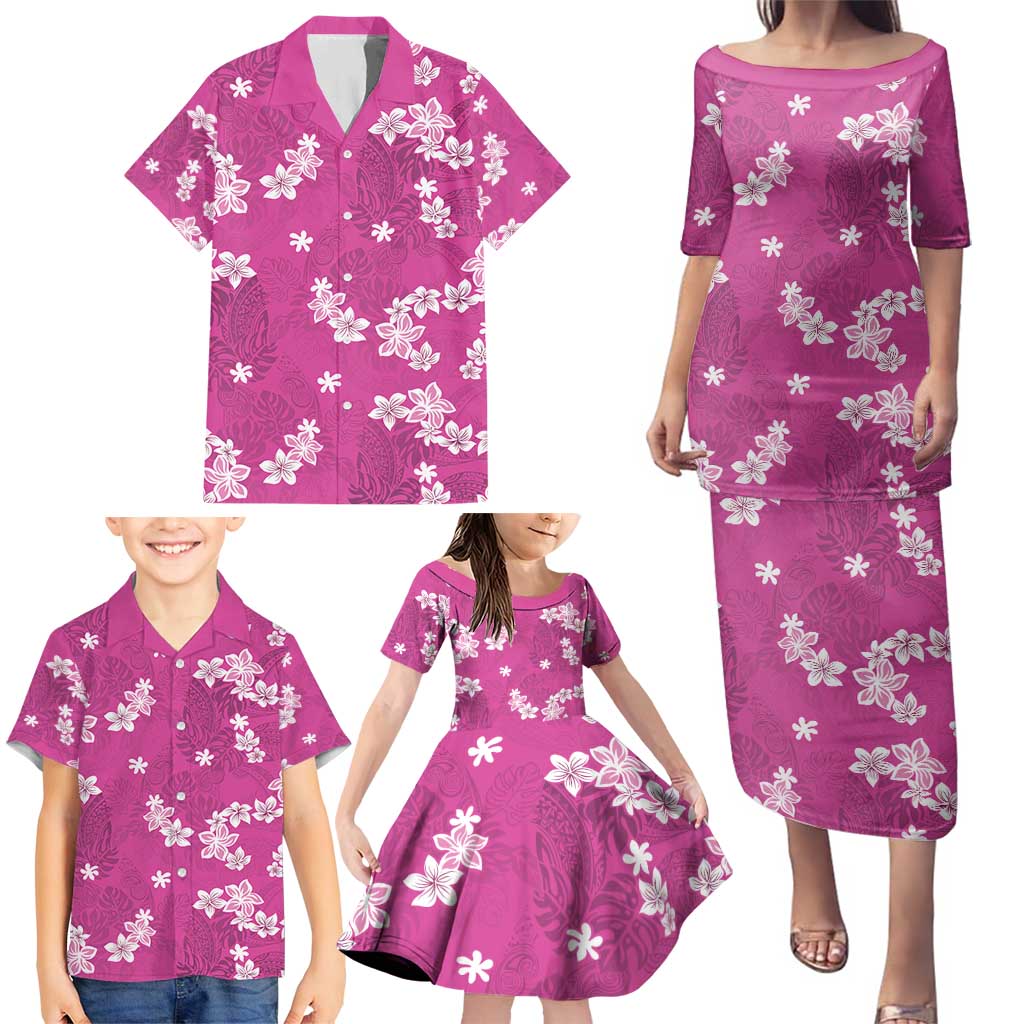 Hawaii Monstera Deliciosa Family Matching Puletasi and Hawaiian Shirt Pink Plumeria Polynesian Pattern - Polynesian Pride