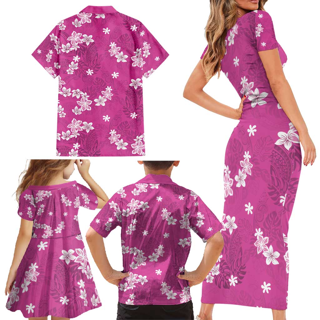 Hawaii Monstera Deliciosa Family Matching Short Sleeve Bodycon Dress and Hawaiian Shirt Pink Plumeria Polynesian Pattern - Polynesian Pride