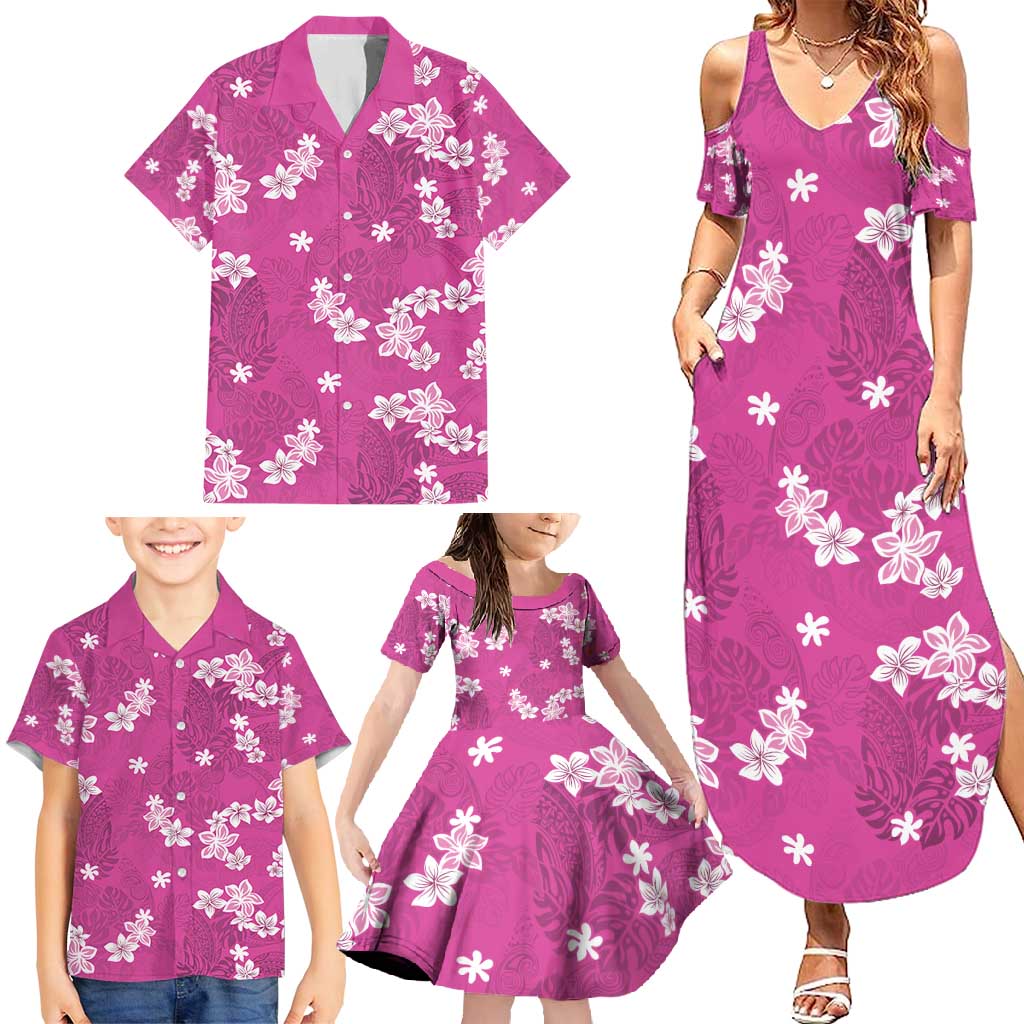 Hawaii Monstera Deliciosa Family Matching Summer Maxi Dress and Hawaiian Shirt Pink Plumeria Polynesian Pattern - Polynesian Pride