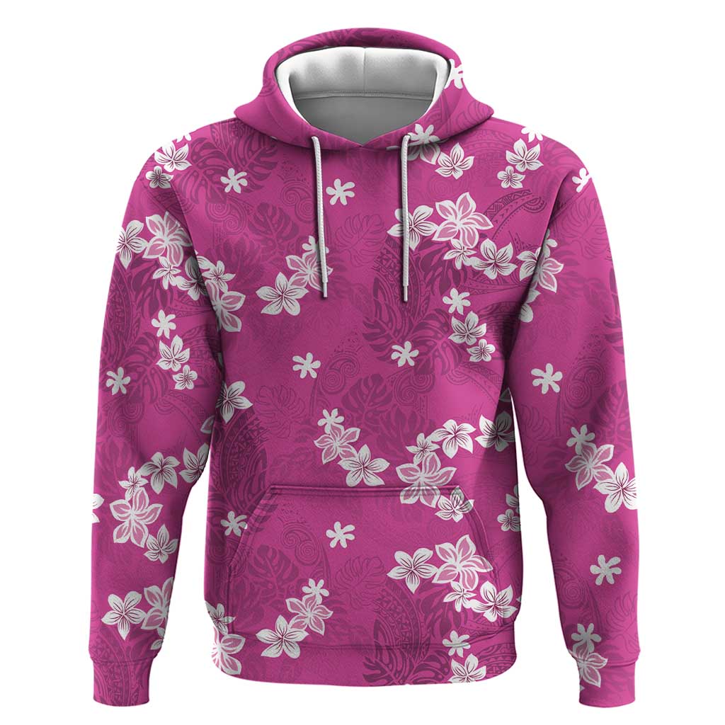 Hawaii Monstera Deliciosa Hoodie Pink Plumeria Polynesian Pattern - Polynesian Pride