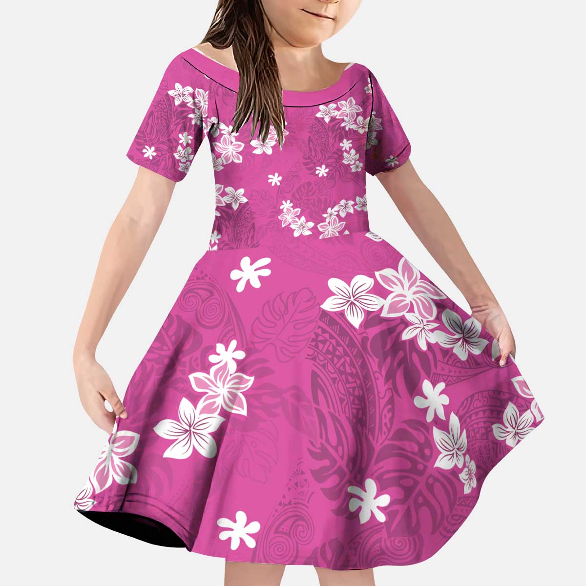 Hawaii Monstera Deliciosa Kid Short Sleeve Dress Pink Plumeria Polynesian Pattern LT05 KID Pink - Polynesian Pride