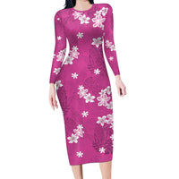 Hawaii Monstera Deliciosa Long Sleeve Bodycon Dress Pink Plumeria Polynesian Pattern - Polynesian Pride