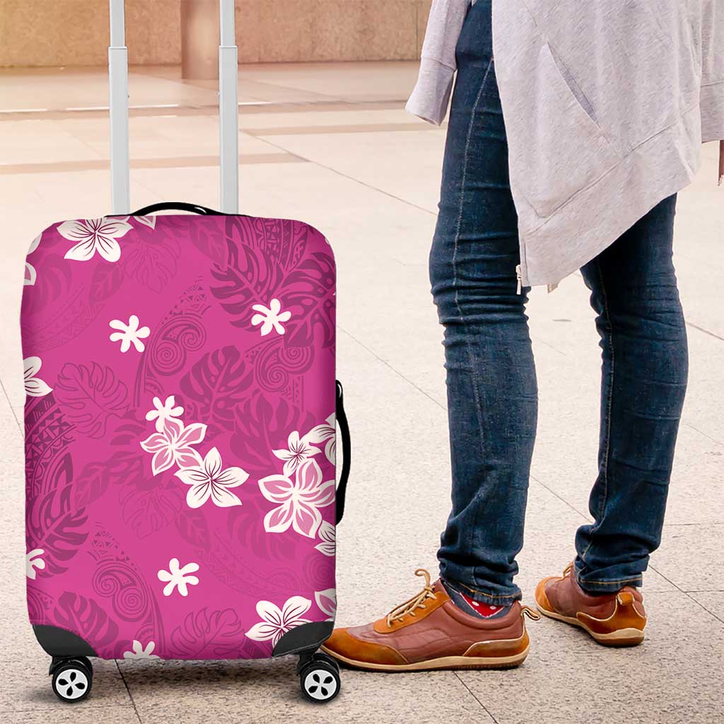 Hawaii Monstera Deliciosa Luggage Cover Pink Plumeria Polynesian Pattern - Polynesian Pride