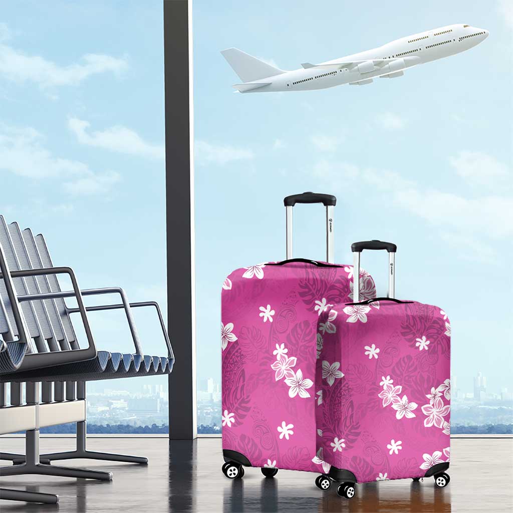 Hawaii Monstera Deliciosa Luggage Cover Pink Plumeria Polynesian Pattern - Polynesian Pride