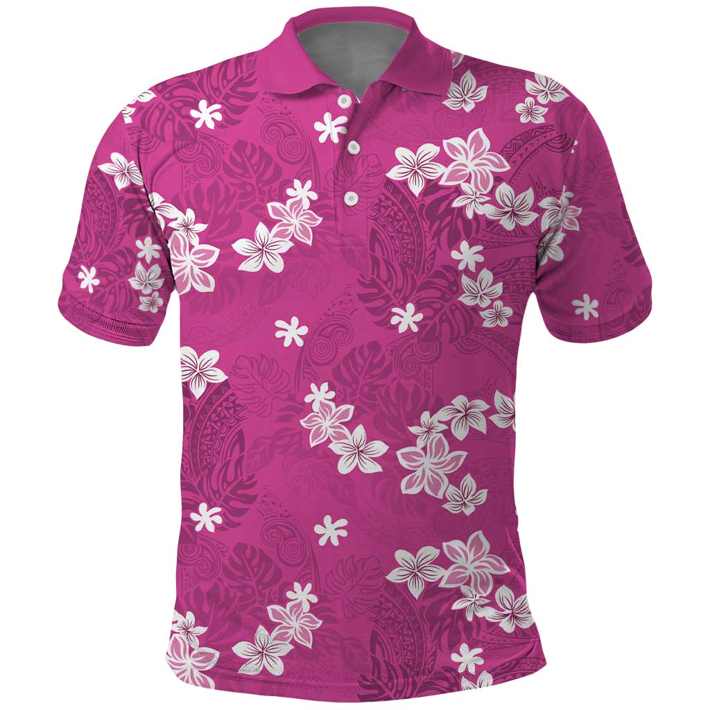 Hawaii Monstera Deliciosa Polo Shirt Pink Plumeria Polynesian Pattern - Polynesian Pride