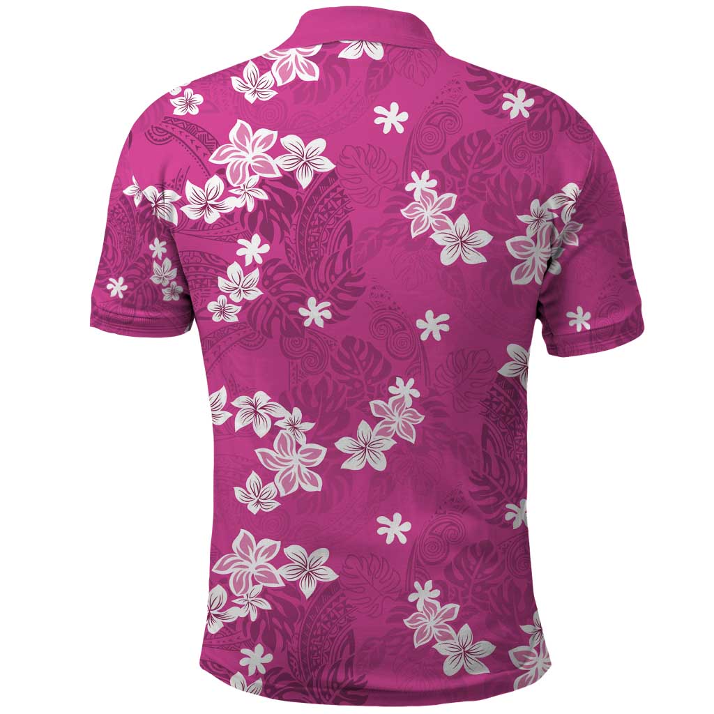 Hawaii Monstera Deliciosa Polo Shirt Pink Plumeria Polynesian Pattern - Polynesian Pride