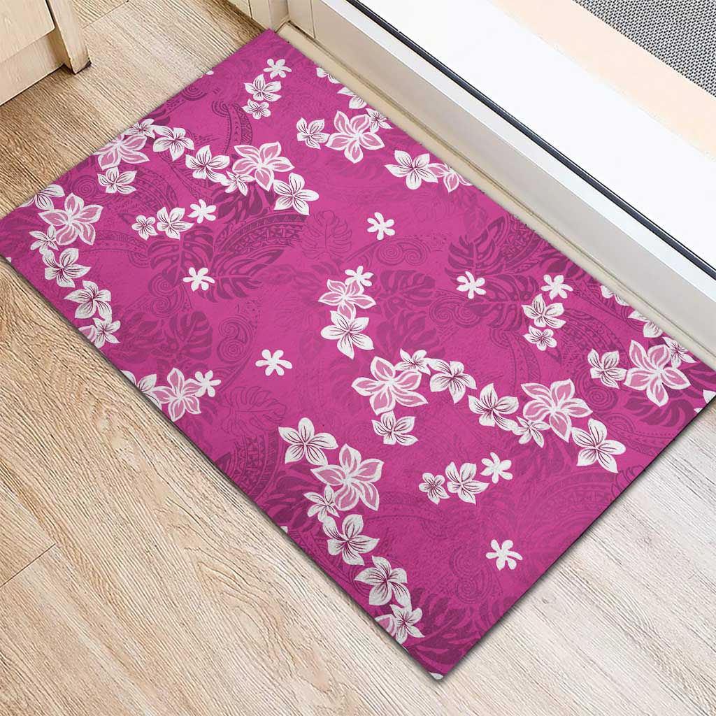 Hawaii Monstera Deliciosa Rubber Doormat Pink Plumeria Polynesian Pattern - Polynesian Pride