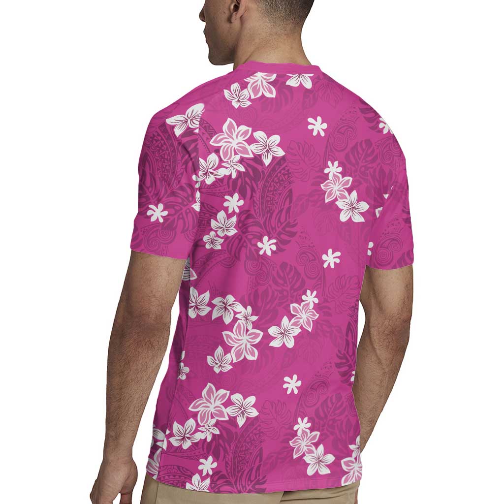 Hawaii Monstera Deliciosa Rugby Jersey Pink Plumeria Polynesian Pattern - Polynesian Pride