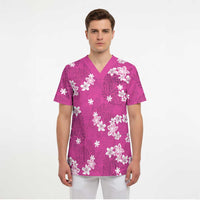 Hawaii Monstera Deliciosa Scrub Top Pink Plumeria Polynesian Pattern - Polynesian Pride