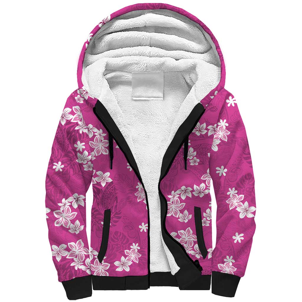 Hawaii Monstera Deliciosa Sherpa Hoodie Pink Plumeria Polynesian Pattern - Polynesian Pride