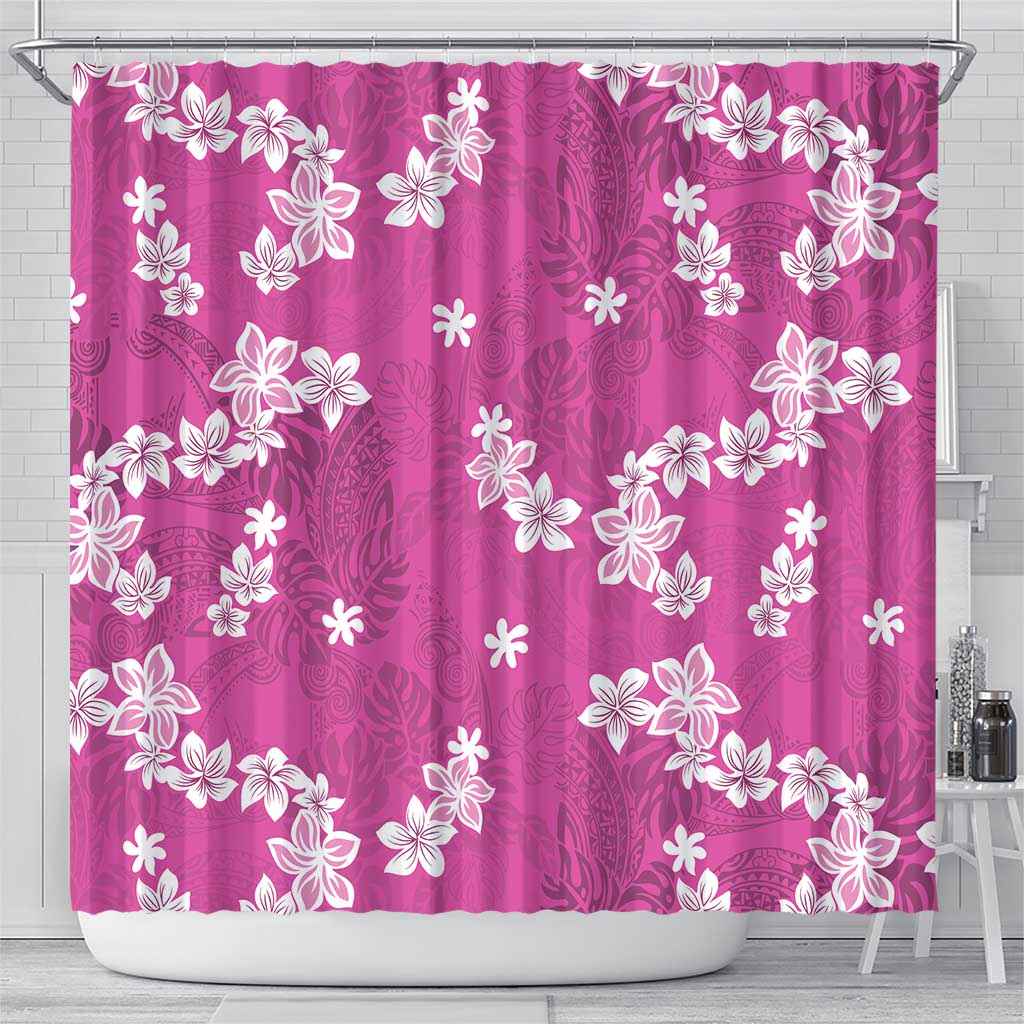 Hawaii Monstera Deliciosa Shower Curtain Pink Plumeria Polynesian Pattern - Polynesian Pride