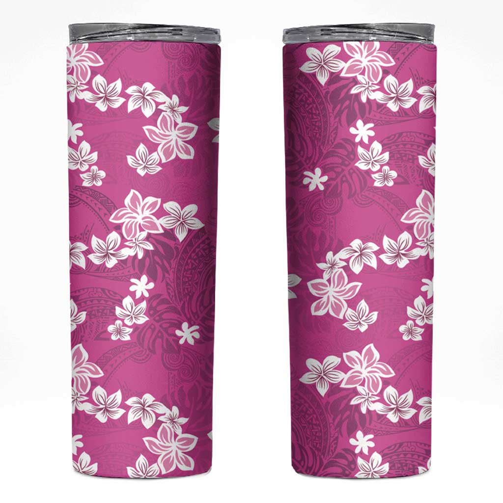 Hawaii Monstera Deliciosa Skinny Tumbler Pink Plumeria Polynesian Pattern - Polynesian Pride
