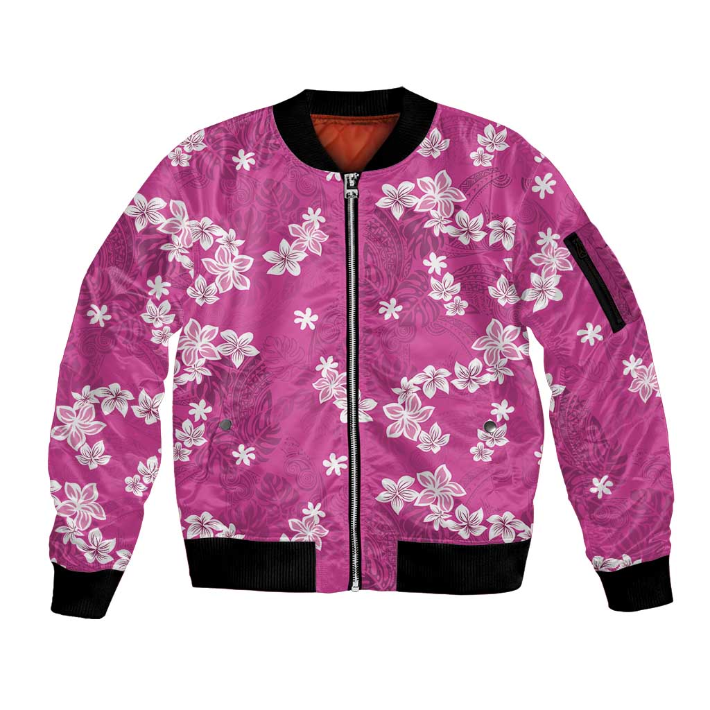 Hawaii Monstera Deliciosa Sleeve Zip Bomber Jacket Pink Plumeria Polynesian Pattern - Polynesian Pride
