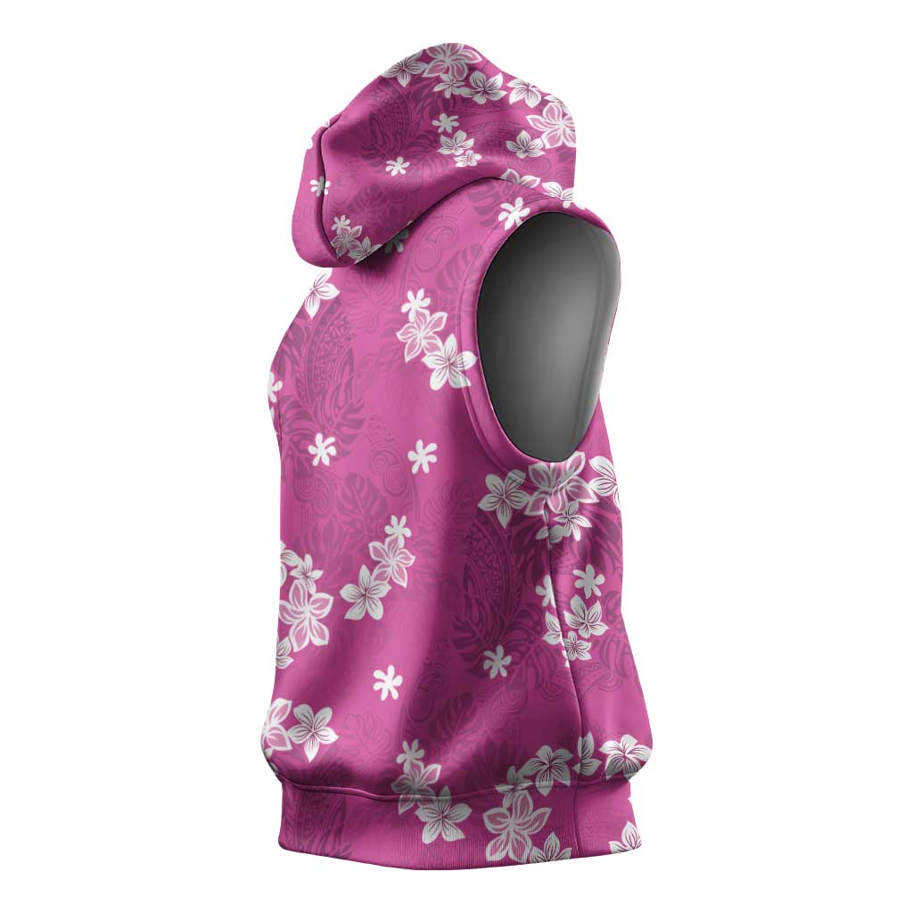 Hawaii Monstera Deliciosa Sleeveless Hoodie Pink Plumeria Polynesian Pattern - Polynesian Pride