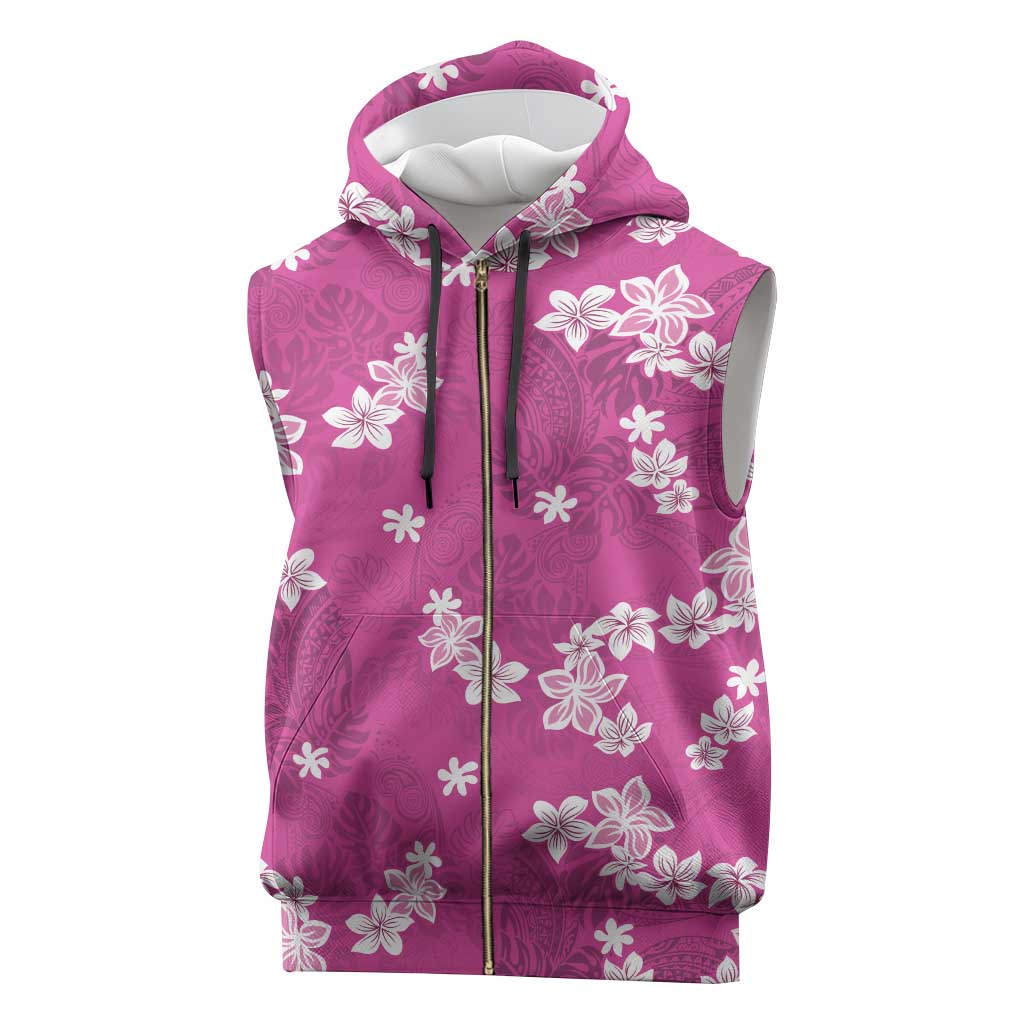 Hawaii Monstera Deliciosa Sleeveless Zip Hoodie Pink Plumeria Polynesian Pattern - Polynesian Pride